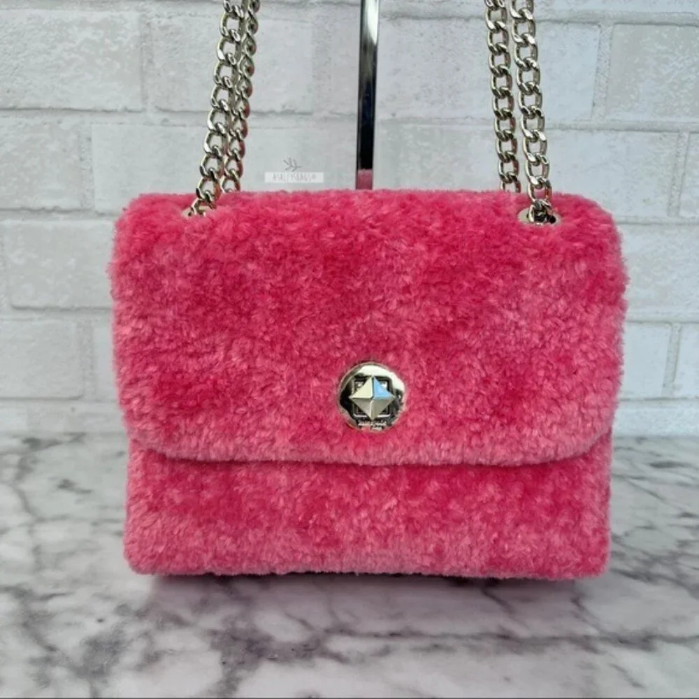 Kate Spade Natalia Pink Faux Fur Small Flap Shoulder Bag Crossbody